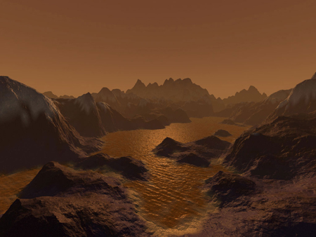 Ảnh minh họa hồ chứa chất lỏng trên bề mặt Titan. Ảnh: NASA.